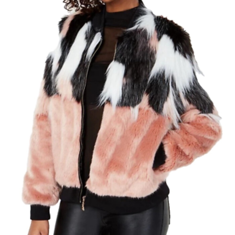 Say What? Women's Pink Multicolor Full Zip Mixed Faux Fur Bomber Jacket